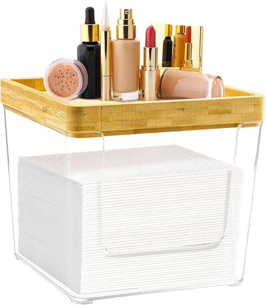 GRETJOB Disposable Face Towel Holder Box, Acrylic Facial Container for XL Clean Skin Club, Large Storage With Bamboo Lid Towel Organizer Container for Bathroom, Vanity Makeup, Clear