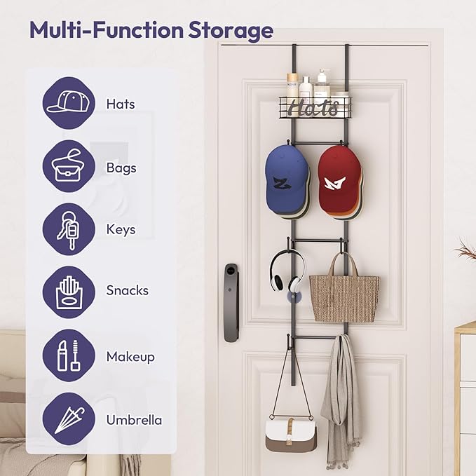 SWTYMIKI Over Door Hat Organizer - Wall Mounted Hat Rack with 6 Hooks and Metal Basket Design, Hanging Baseball Cap Organizer Storage Holds Up to 32 Caps for Door, Bedroom, Closet (Black)