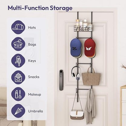 SWTYMIKI Over Door Hat Organizer - Wall Mounted Hat Rack with 6 Hooks and Metal Basket Design, Hanging Baseball Cap Organizer Storage Holds Up to 32 Caps for Door, Bedroom, Closet (Black)