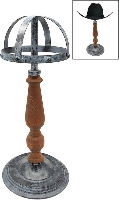 Owlgift Vintage Style Metal & Rustic Wood Stem Freestanding Hat Rack Storage, Cap Organizer, Wig Holder Display Stand - Rustic Gray