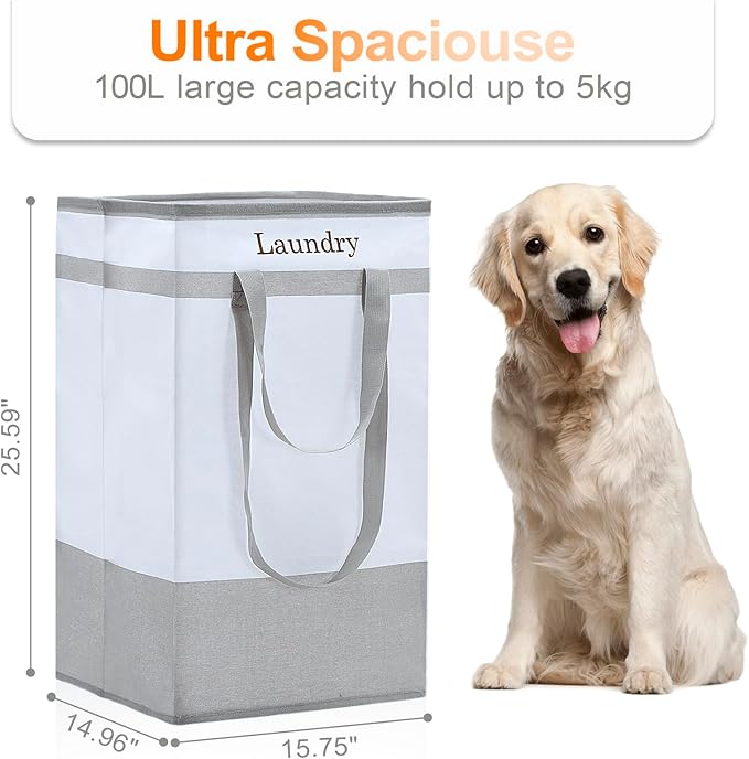 FairyHaus Laundry Basket 100L, 2Pack Laundry Hamper with Easy Carry Handles, Collapsible Laundry Baskets Hampers for Bathroom Clothes Storage Grey