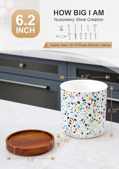 Nucookery 360°Rotating Utensil Holder, 7.2" Large Utensil Crock, White Ceramic Cooking Utensil Organizer,Farmhouse Kitchen Decor Christmas Thanksgiving Gift (Marble Pattern)