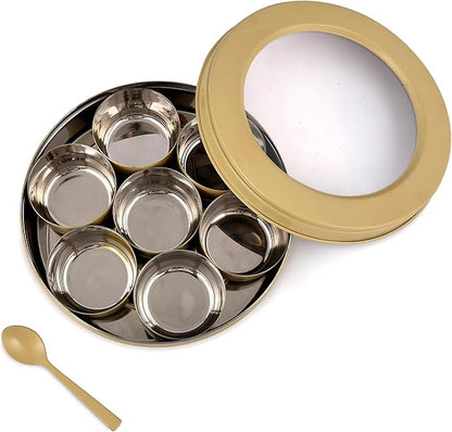 Elan 7 Compartment Multipurpose Air-Tight Stainless Steel See Through Round Colorful Spice Box/Popula Dabba with Lid and Spoon | Daisy Yellow, 1500 ml