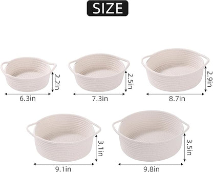 YMhoart Small Storage Woven Baskets Shelves Natural Cotton Rope Bins with Handle Toilet Tank Paper for Countertop Cute Gifts Organizing Mini Nursery 5 Set box (White)