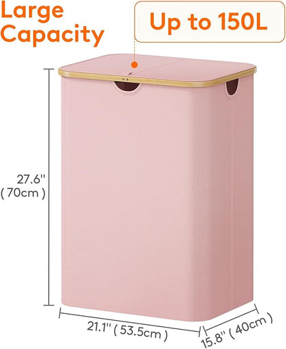 Lifewit 150L Laundry Basket with Lid, Clothes Hampers for Laundry with Bamboo Handles and 2 Removable Bag, Large Foldable Laundry Hamper for Bedroom, Bathroom, Dorm, Laundry Room, Pink