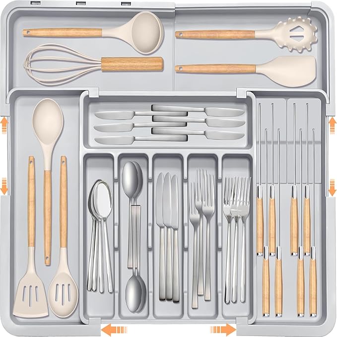 Silverware Organizer Expandable Utensil Drawer Organizer Adjustable Drawer Organizer, Flatware Cutlery Silverware Tray for Spoons Forks Knives Kitchen Organizers Storage (Gray Plus)