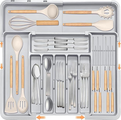 Silverware Organizer Expandable Utensil Drawer Organizer Adjustable Drawer Organizer, Flatware Cutlery Silverware Tray for Spoons Forks Knives Kitchen Organizers Storage (Gray Plus)