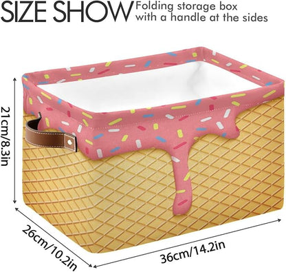 Kigai Ice Cream Cone Storage Basket Collapsible Rectangle Storage Bin Shelves Basket Organizer with Leather Handle for Closet, Office, Nursery, Home Decor