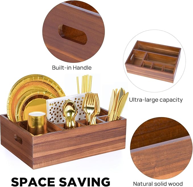 Eleckey Acacia Wood Utensil Holder Organizer for Party，Paper Plate Dispenser for Kitchen Counter