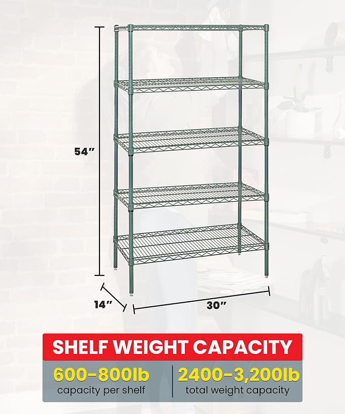 Quantum Storage Systems WR54-1430P Wire Shelving Starter Kit, 30" W x 14" D x 54" H, 600 lbs Capacity, Carbon Steel, Epoxy Coated, Green, NSF