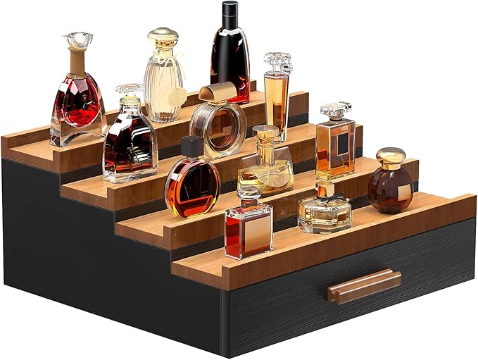 Wooden Cologne Organizer for Men 4 Tier of Perfume Display Holder of Drawer & 2 Hidden Compartments Larger Storage Space Mens Perfume Organizer Shelf Stand,Gift for Man (4T-Black Walnut)