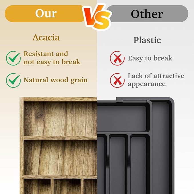 Kiasthome Acacia Wood Silverware Drawer Organizer, Kitchen Utensil Cutlery Drawer Organizer with Grooved Dividers, Flatware Organizer Silverware Tray Holder for Spoon, Fork, 13''x16.9'' (7 Slots)