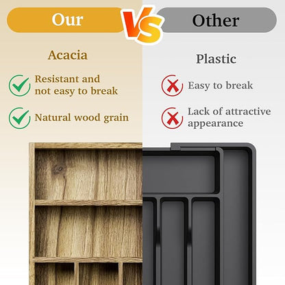 Kiasthome Acacia Wood Silverware Drawer Organizer, Kitchen Utensil Cutlery Drawer Organizer with Grooved Dividers, Flatware Organizer Silverware Tray Holder for Spoon, Fork, 13''x16.9'' (7 Slots)