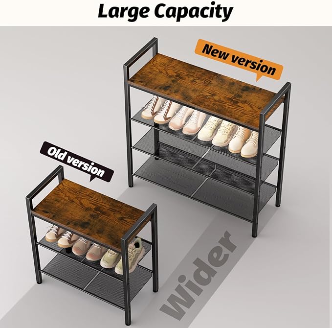 WIN4ALL Shoe Rack for Front Door Entrance, 4 Tier Shoe Rack for Entryway, 12-16 Pairs of Shoes, Metal Shoe Rack Organizer, Free Standing Shoe Rack for Closet (Black+Rustic Brown)