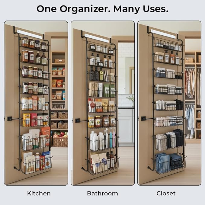 Over Door Organizer Storage - 8 Tier Black Metal Over the Door Pantry Organizer Heavy Duty Hanging Storage Rack, Behind Cabinet Shelves for Home, Kitchen, Bathroom, Closet, Pantry.