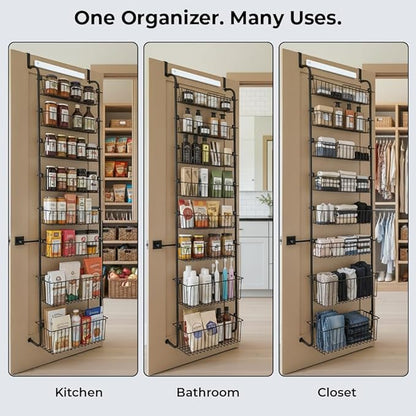 Over Door Organizer Storage - 8 Tier White Metal Over the Door Pantry Organizer Heavy Duty Hanging Storage Rack, Behind Cabinet Shelves for Home, Kitchen, Bathroom, Closet, Pantry