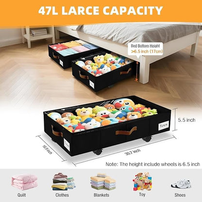 Under Bed Storage with Wheels,Underbed Storage with Sturdy Sidewalls/Bottom, Clear Cover, Label and PU Handle, Rolling Under Bed Drawers for Clothes, Shoes, 6.5 Inch Height,Black, 2 Pack