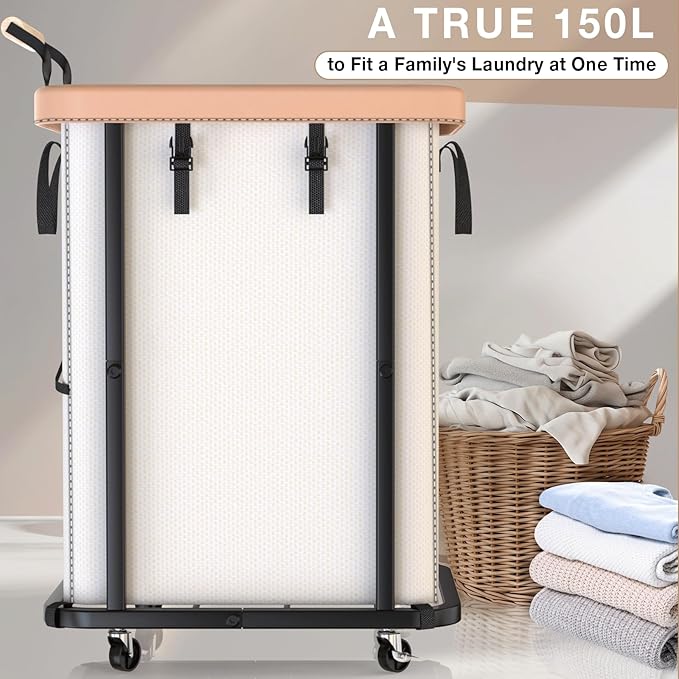 40 Gal (150L) Laundry Hamper with Lid, Leather Patchwork Laundry Basket with Rolling Lockable Wheels and Handle, Laundry Basket Organizer for Laundry Room, Bedroom and Bathroom,Laundry Room - White
