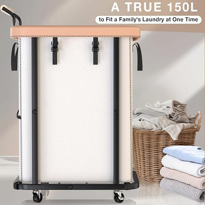 40 Gal (150L) Laundry Hamper with Lid, Leather Patchwork Laundry Basket with Rolling Lockable Wheels and Handle, Laundry Basket Organizer for Laundry Room, Bedroom and Bathroom,Laundry Room - White