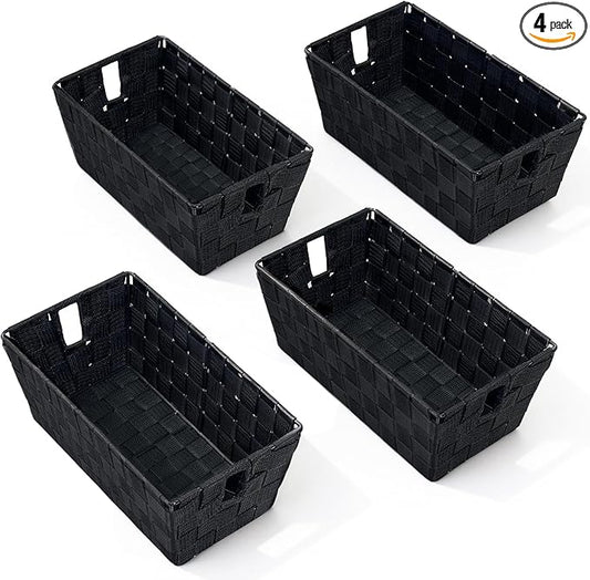 Black Storage Baskets for Shelves, Woven Shelf Baskets for Organizing, Small Strap Organizer Basket for Bathroom Storage, Set of 4