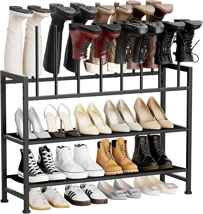 DIMJ Boot Rack 4-Tier - Black Metal Boot Storage Rack for Tall Boots Organizer, Multiuse Shoe Rack for Boots, Sneakers, High-Heel, Entryway, Fits 8-Pairs