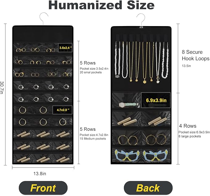 Hanging Jewelry Organizer with Multi-size pockets Double-Sided Jewelry Holder for Earrings, Necklaces, Rings on Closet, Wall, Door,Jewelry Organizer Hanging for Closet, Black