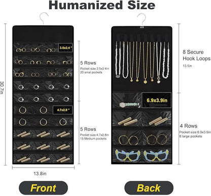 Hanging Jewelry Organizer with Multi-size pockets Double-Sided Jewelry Holder for Earrings, Necklaces, Rings on Closet, Wall, Door,Jewelry Organizer Hanging for Closet, Black