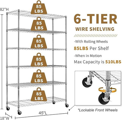 Storage Shelves with Wheels 6 Tier Wire Shelving Adjustable Metal Shelving Unit Heavy Duty NSF Shelf Capacity 2100lbs for Garage Rack, Kitchen, Closet, Commercial (45"x18"x82", Chrome)
