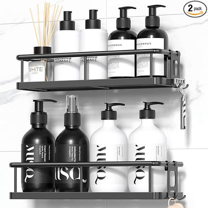 YASONIC Shower Caddy Adhesive, Rustproof Shower Shelves for Inside Shower, Large Capacity Bathroom Organizers and Storage, Shower Storage with Removable Hooks, No Drill Bathroom Accessories Black
