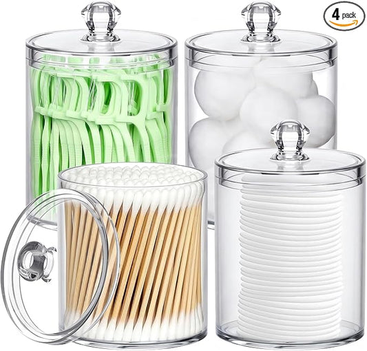 MateeyLife Small Bathroom Storage Organizer 4 Pack, Acrylic Makeup Organizers for Vanity, Clear Bathroom Vanity Organizer 10oz Q tip Holder, Bathroom Organizers and Storage Set (Clear)
