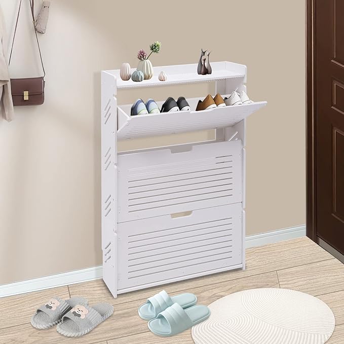 3-Layer Shoe OrganizerModern Shoe Storage Cabinet White Tipping Shoe Cabinet Shoe Rack Cabinet for Entryway Ultra-Thin Shoe Cabinet Entryway Shoe Storage 27.56 * 6.69 * 42.91inch