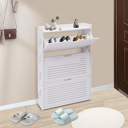 3-Layer Shoe OrganizerModern Shoe Storage Cabinet White Tipping Shoe Cabinet Shoe Rack Cabinet for Entryway Ultra-Thin Shoe Cabinet Entryway Shoe Storage 27.56 * 6.69 * 42.91inch