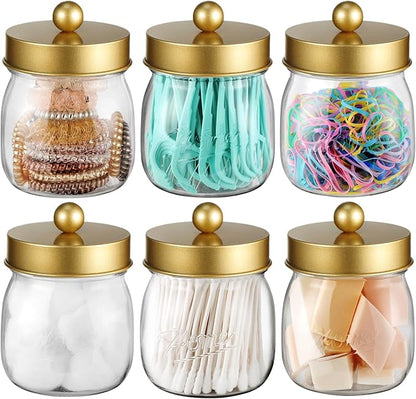6 Pack Qtip Holder Bathroom Set, SheeChung Plastic Mason Jar Apothecary Jar Set for Bathroom Vanity Storage Organizer, Farmhouse/Home Decor, 12 Labels (Gold)