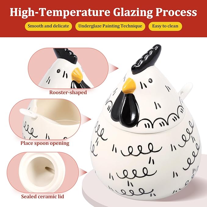 Ceramic Salt Cellar with Lid and Spoon,17oz Large Chicken Rooster Cookie Jar Salt Containers Holder for Countertop Spices,Cute Farmhouse Kitchen Decor,Spice Jar for Coffee,Sugar,Spices,Candies (#B)