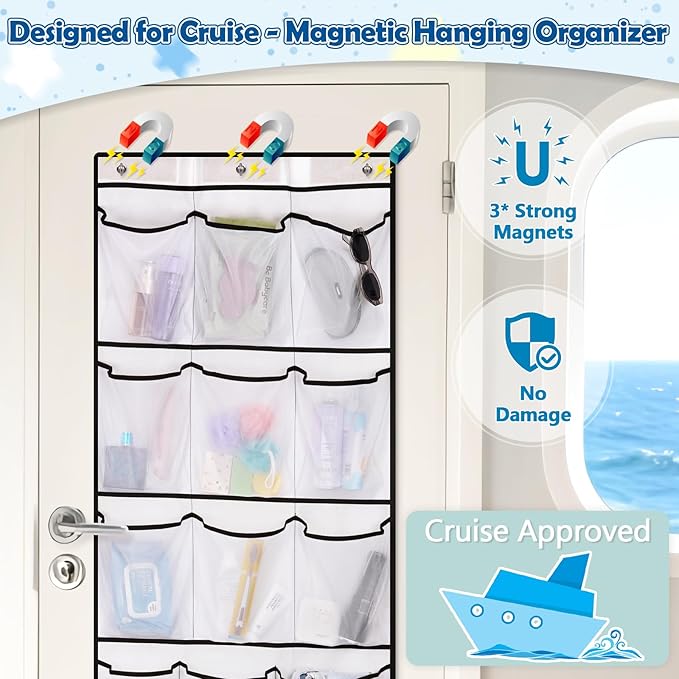 Over The Door Cruise Ship Organizer - Cruise Ship Magnetic Door Organizer with 15 Size-Graded Pockets, Hanging Magnetic Cruise Storage Shoe Rack for Cabin, 2025 Cruise Essential, 9 Hooks(White)