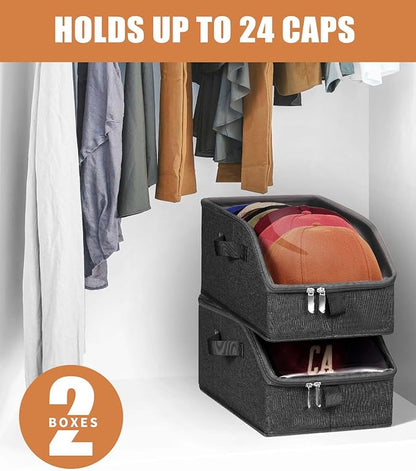 Livelab Hat Organizer for Baseball Caps, Hat Storage Holder Container for Closet Hold Up to 24 Caps with Clear Window, Hat Boxes for Home Storage | 2Pcs Black
