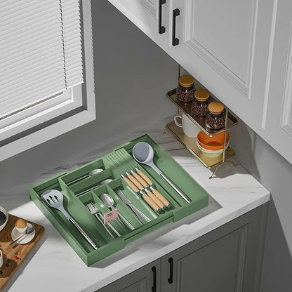 TIOPGHAD Bamboo-Silverware-Drawer-Organizer-Kitchen, Expandable Utensil Holder Cutlery Tray Flatware Organization Adjustable Wood Tableware Dividers Storage (with Removable Knife Block)(Grayish Green)