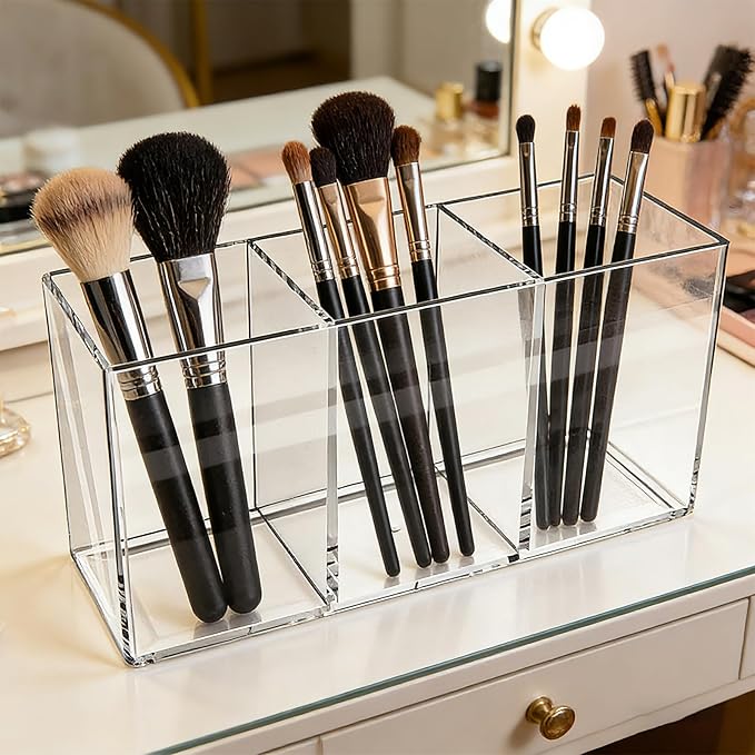 Makeup Brush Holder, Clear Acrylic Organizer for Women & Girls, 7.1x2.8x3.5in Desk Storage for Makeup Brushes & Cosmetic Tools, Easy Access (Clear -3)