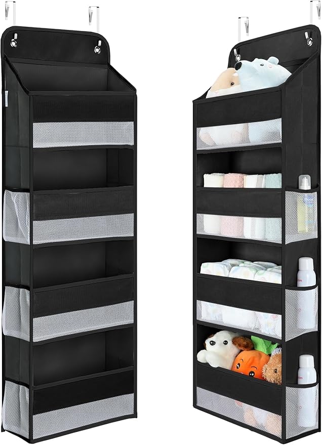 Yecaye 1 Pack Over the Door Organizer, 35.2lbs Load Toy Stuffed Animal Storage, Large Capacity Swing-proof Hanging Bathroom Organizers and Storage for Nursery Newborn Baby Essential Stuff Black