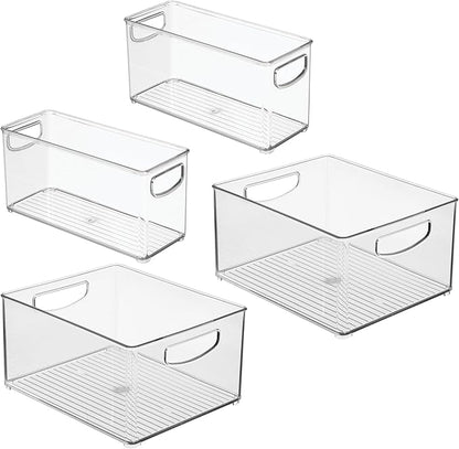 iDesign 4-Piece 50% Recycled Plastic Organizer Bin Set for Pantry and Cabinet Organization, Made in The USA – Two 10” x 8” x 5” and Two 10” x 4” x 5” Bins, Clear