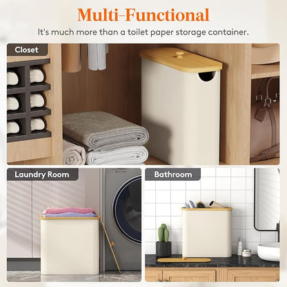 Lifewit Toilet Paper Storage Holder for 12 to 16 Rolls, Free Standing Toilet Paper Basket Stand with Bamboo Lid, Collapsible Fabric Bathroom Organizer Box for Mega Rolls, 30L, Extra Large, White