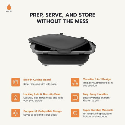 Drip EZ Collapsible BBQ Prep Tubs 3-Piece Set - For Meal Prep Marinating Food Storage - Includes Cutting Board & Lid - (1) JR + (1) OG + (1) XL - Sandstone