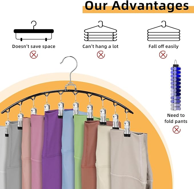 3 Pack Legging Organizer for Closet,Metal Yoga Pants Hanger with 10 Clips Hold 30 Leggings,Jeans,Hats,Bras,Shorts,Socks,Space Saving Hanging Closet Organizers and Storage,Black