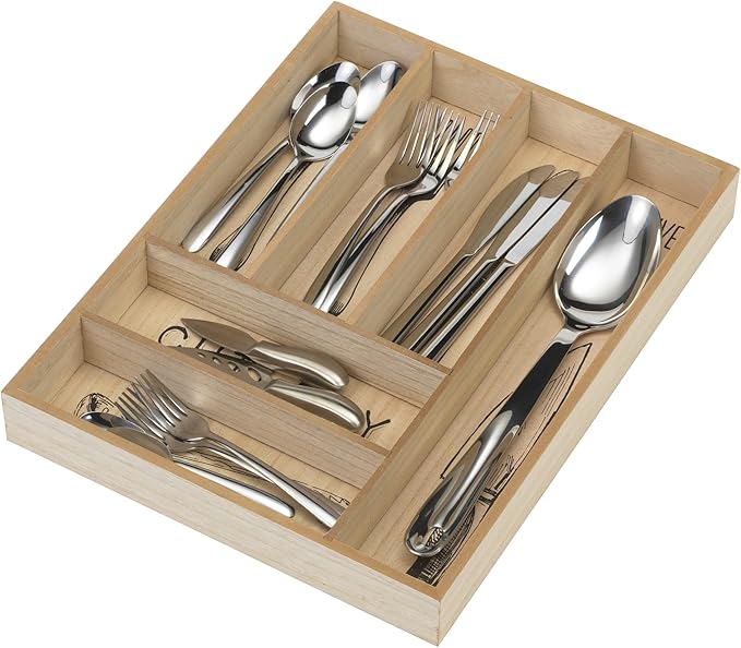 Rustic Wood Cutlery Tray – 6 Slot Flatware Organizer for Kitchen Drawers | Farmhouse Style Silverware & Utensil Storage