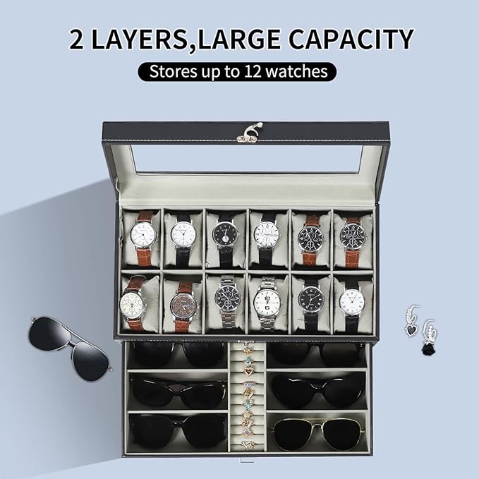 AUTOARK Leather & Velvet 12 Watch Box Jewelry Case and 6 Piece Sunglass Eyeglasses Organizer,2 Layers with 1 Drawer,Lockable,Large Glass Top,Black,MKAW043