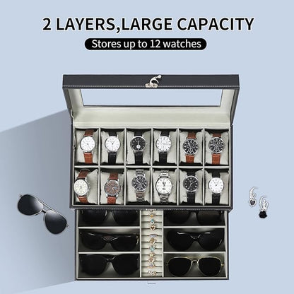 AUTOARK Leather & Velvet 12 Watch Box Jewelry Case and 6 Piece Sunglass Eyeglasses Organizer,2 Layers with 1 Drawer,Lockable,Large Glass Top,Black,MKAW043