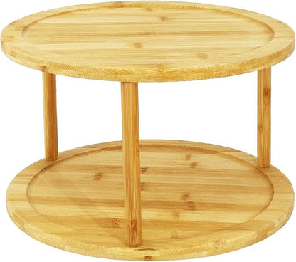 Wood Lazy Susan Organizer Bamboo 2-Tier Rotating Storage Rack – 360° Turntable Organizer for Kitchen, Spices, Cosmetics