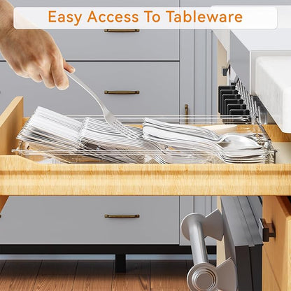 Large Expandable Silverware Organizer - Adjustable From 11'' to 21.3'' - Spatula,Gadget,Knife,Cutlery,Spoons and Forks Organizer,Clear Flatware,Silverware Tray,Utensil Organizer for Kitchen Drawers