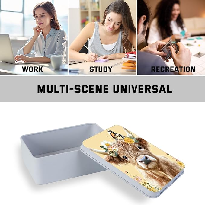 Metal Tin Box with Lid for Game Cards Home Organizer Candles Keys Crafts Storage - Equipped with 4 Magnetic Cord Clips，Cute Cow Butterfly