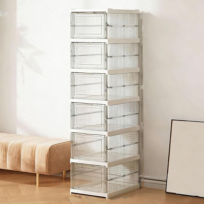 TARSHYRY Foldable Shoe Organizer, Stackable Shoe Rack with Transparent Door, Space Saving Bin Holder for Sneaker Container, Organizer for Boots, Heels, Sandals (6 Layers 10.04x13.58x41.34in)